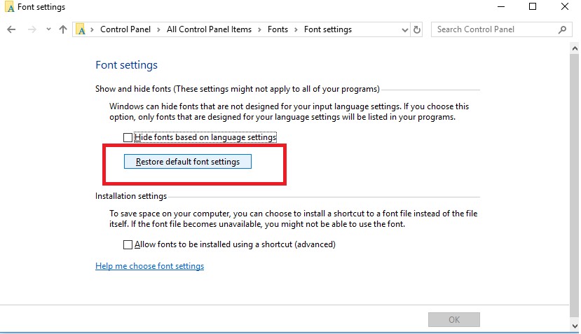 Restore default font settings button in Windows 10