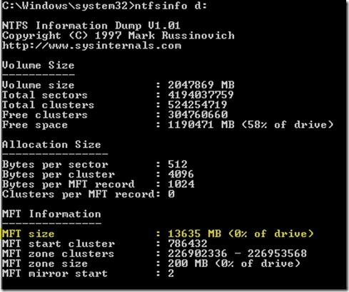 ntfsinfo mft size on disk