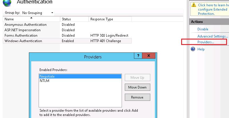 IIS Negotiate (Kerberos) providers