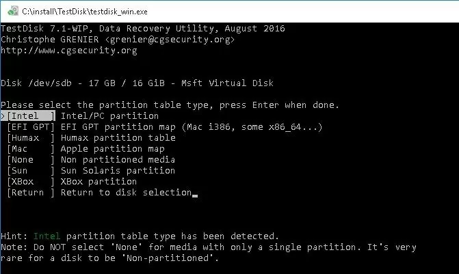 testdisk select partition table intel (mbr)