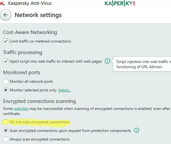 kaspersky Do not scan encrypted HTTPS connections