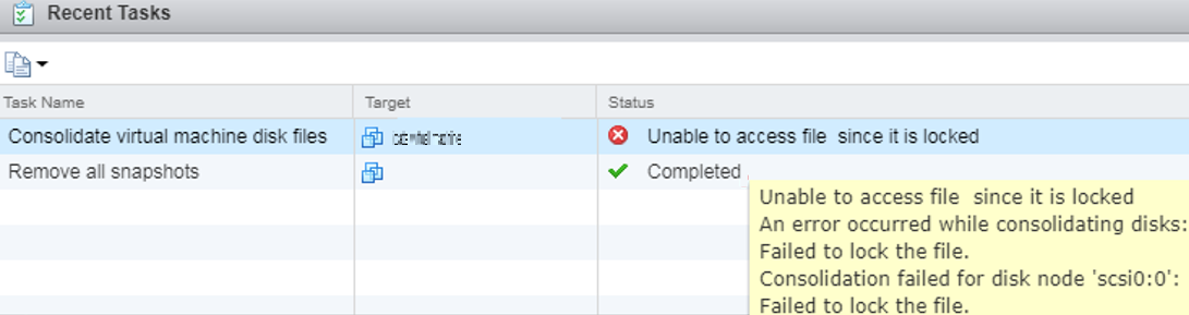 vm consolidate: Unable to access file since it is locked. An error occurred while consolidating disks: Failed to lock the file. Consolidation failed for disk node