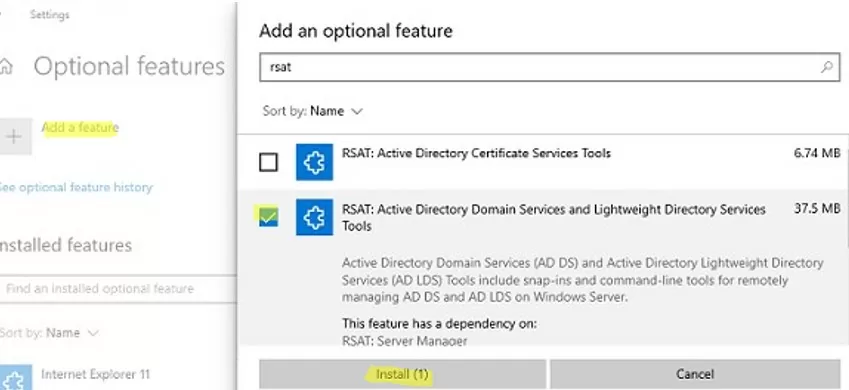 Install RSAT AD PowerShell feature on Windows