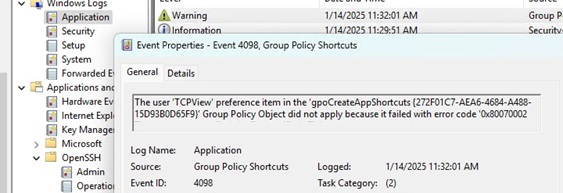 Group Policy Shortcuts processing events in Event Viewer