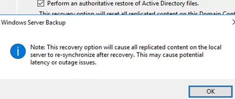 Windows Server Backup Note: This recovery option will cause replicated content on the local server to re-synchronize after recovery. This may cause potential latency or outage issues.