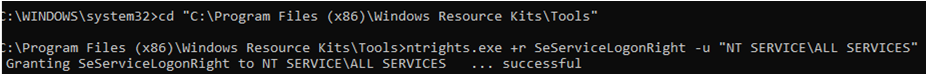 ntrights.exe SeServiceLogonRight to NT SERVICE\ALL SERVICES