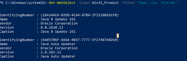 check installed java via Get-WmiObject -WMI Class Win32_Product