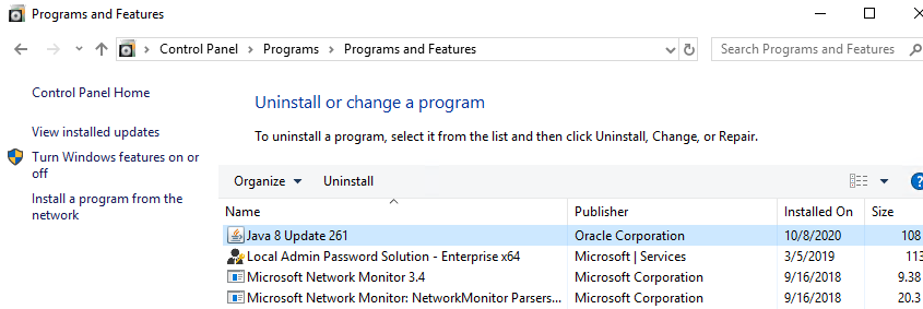 installed java in the list of programs on windows 10