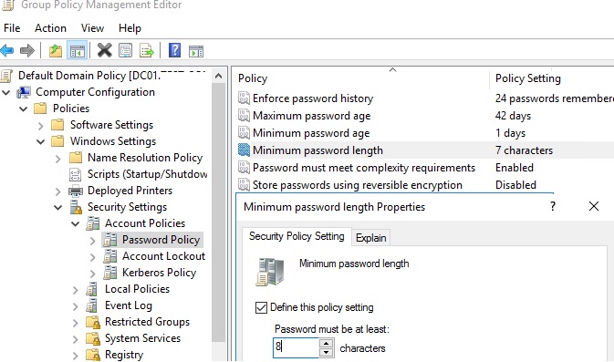 Default Domain password policy settings in AD