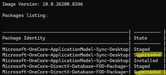List superseded packages in windows image