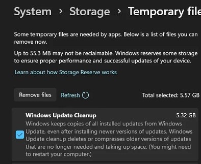 Windows update cleanup in storage sense