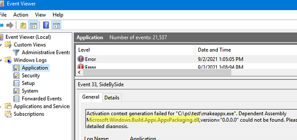 eventid 33 SideBySide - Activation context generation failed