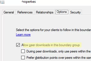 enable delivery optimization in configuration manager - Allow peer downloads in this boundary group