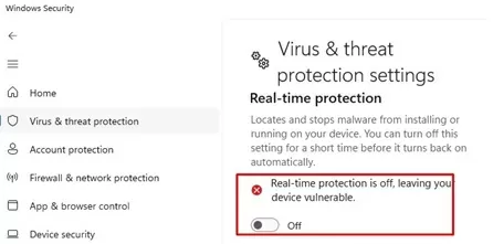 temporarily disable real time virus protection in windows security