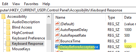 DelayBeforeAcceptance - registry option Increase keyboard repeat rate. Time, in milliseconds, that the user must hold down a key before it is accepted.