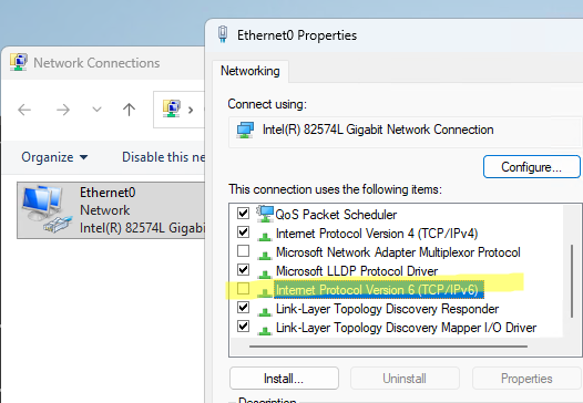 Disable the IPv6 protocol in the network adapter properties