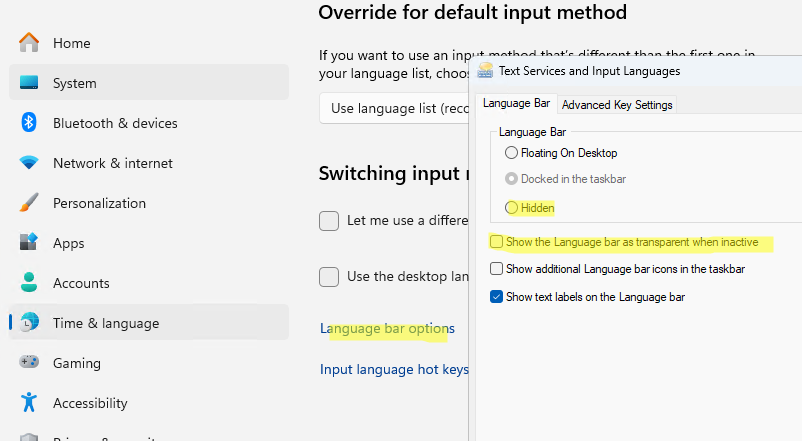 Enable language bar in Windows 11