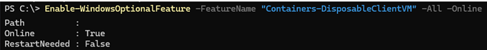 Enable-WindowsOptionalFeature Containers-DisposableClientVM