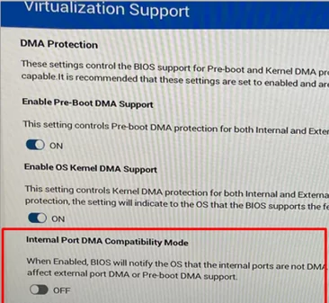 Disable Internal Port DMA Compatibility Mode in BIOS/UEFI firmware to prevent network issues